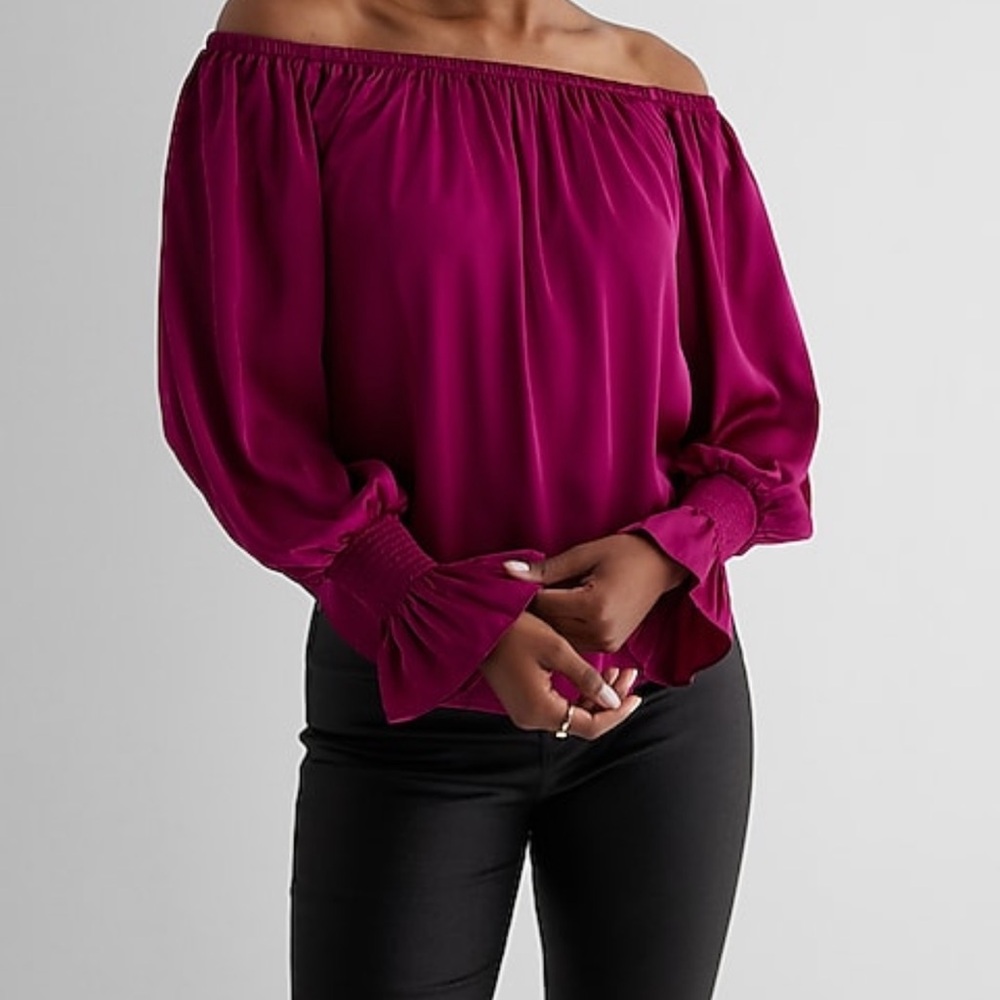 Express Satin off the shoulder blouse with crinkle sleeve